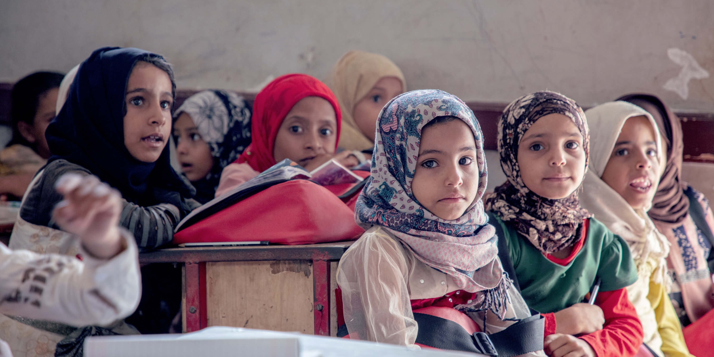 Girls in Al-Hamzi in their class in Al-Hamzi school, Hajjah. Credit: UNICEF/UN0459555/Marish